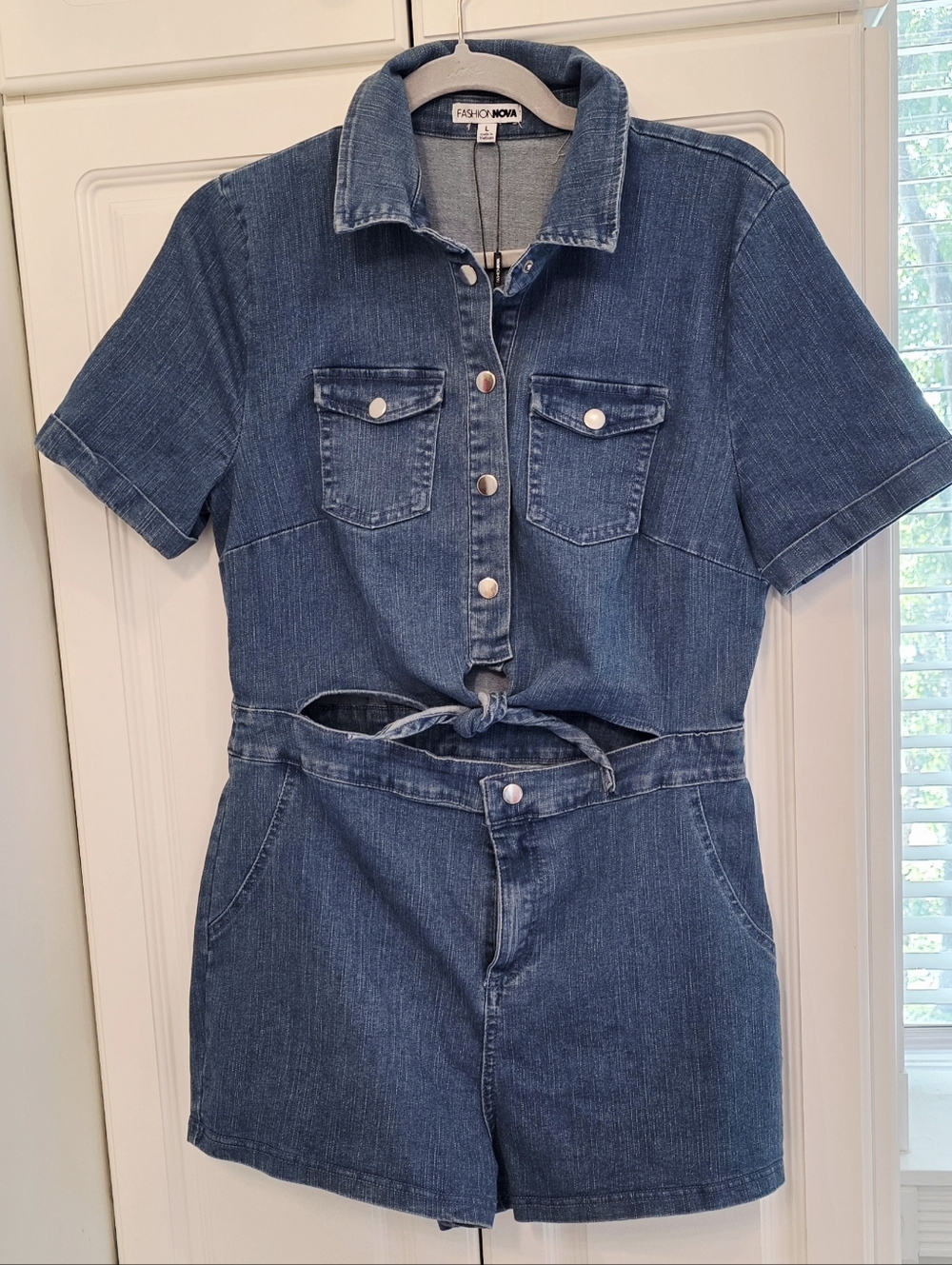 Fashion Nova Blue Denim Short Sleeve Romper